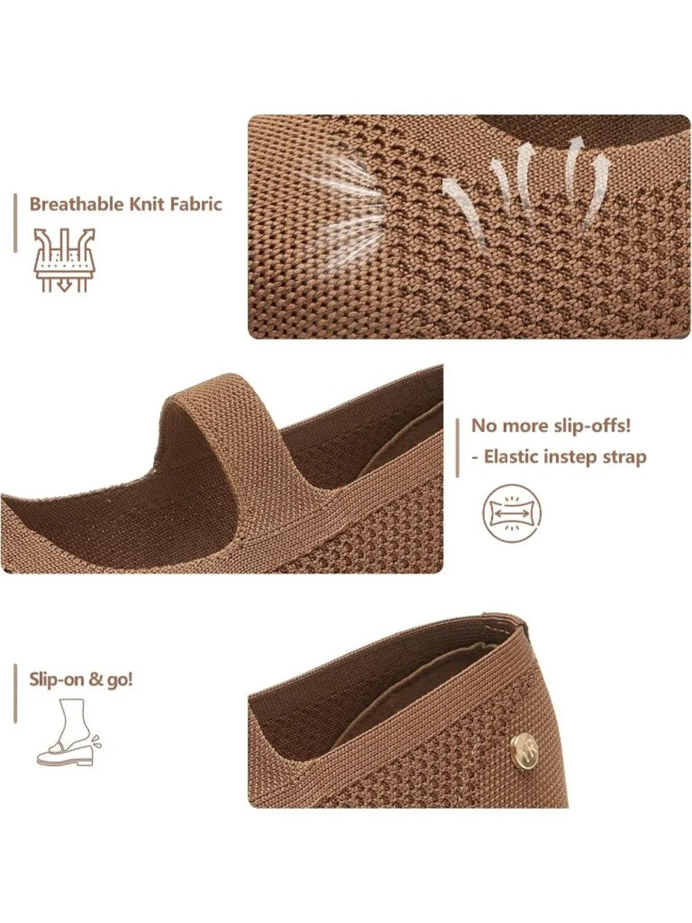 Women's Knit Brown Micro Fiber Comfortable Round Toe Flats Slip on Casual Shoes